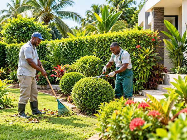 Entretien d’un jardin tropical autour d’une maison en Côte d’Ivoire