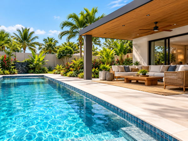 Piscine et terrasse aménagées dans un jardin tropical