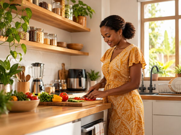 Femme ivoirienne utilisant une cuisine fonctionnelle et bien équipée