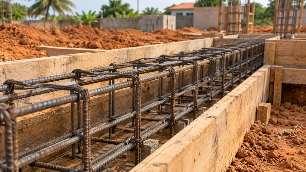 Cage d’armatures en acier dans un coffrage avant le coulage du béton.