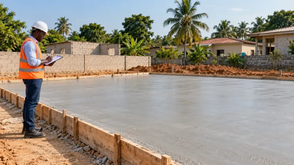 Professionnel inspectant une dalle en béton sur un chantier en Côte d’Ivoire.
