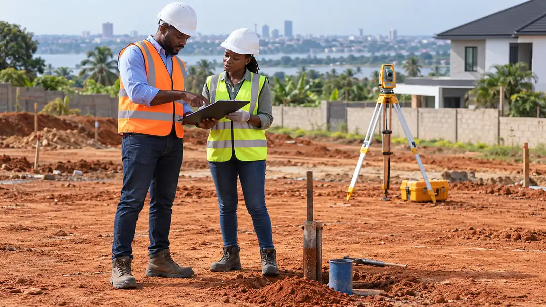 Deux professionnels examinant un terrain avant la construction en Côte d’Ivoire.