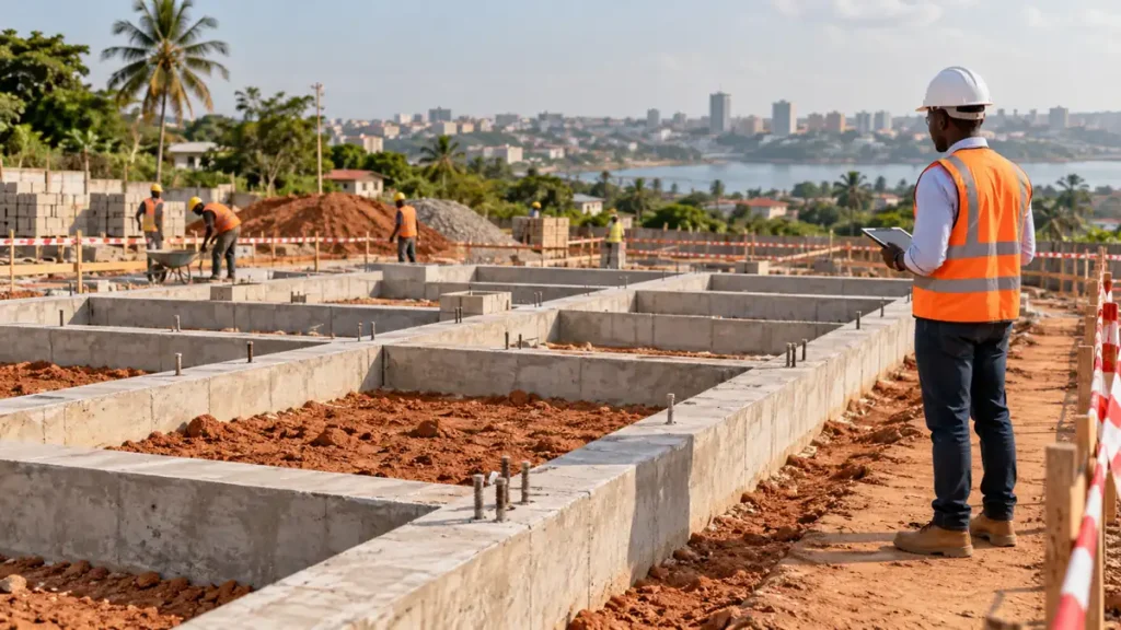 Professionnel inspectant les fondations en béton d’une maison en construction.