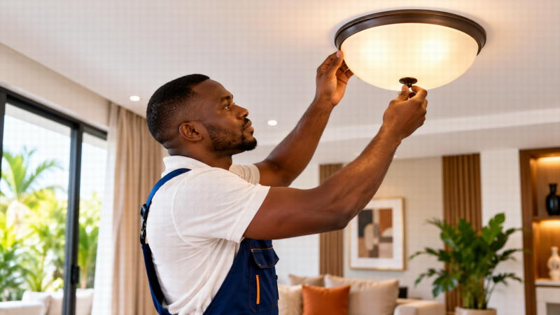 Professionnel ivoirien installant un équipement dans un logement