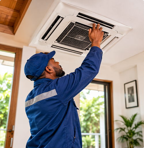 Technicien réalisant l’entretien d’un climatiseur