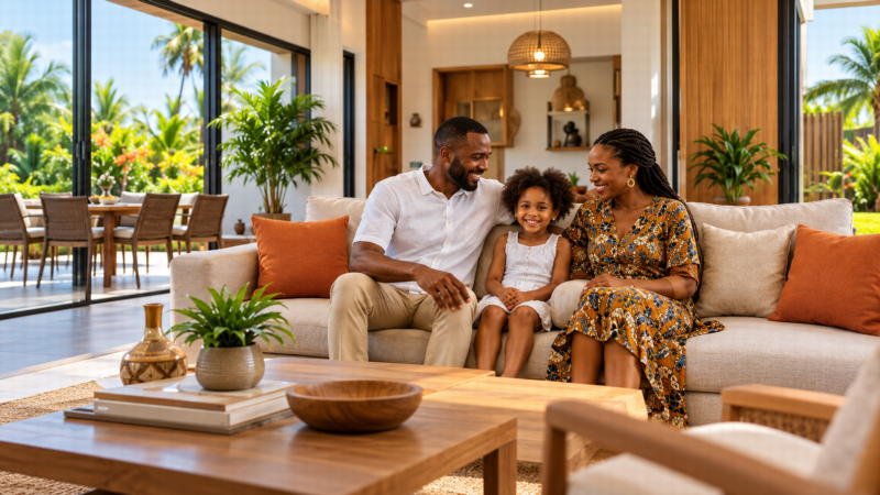 Famille ivoirienne dans un intérieur moderne et confortable en Côte d’Ivoire