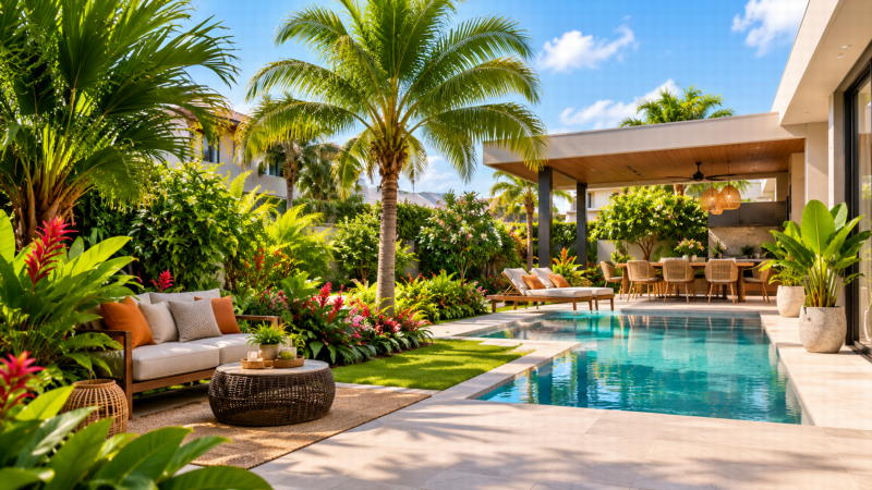Jardin tropical aménagé autour d’une maison en Côte d’Ivoire