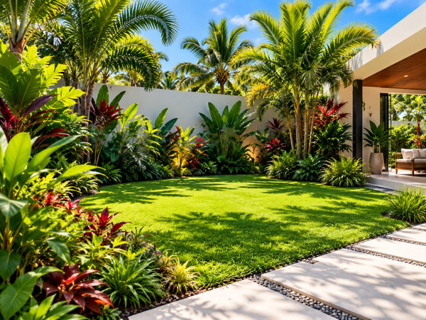 Jardin tropical aménagé autour d’une maison moderne