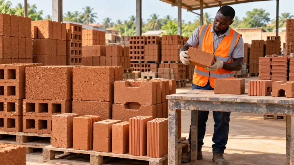 Professionnel examinant un bloc de terre devant des piles de briques.