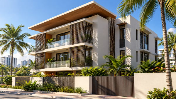 Façade de bâtiment protégée du soleil par des brise-soleil