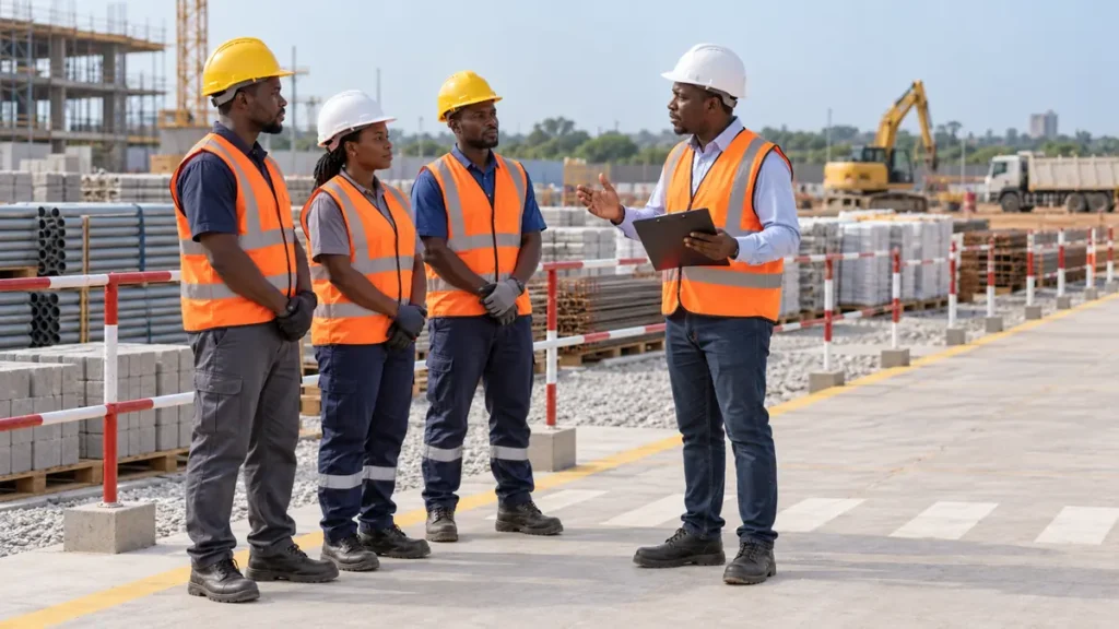 Responsable donnant des consignes à trois ouvriers équipés sur un chantier.