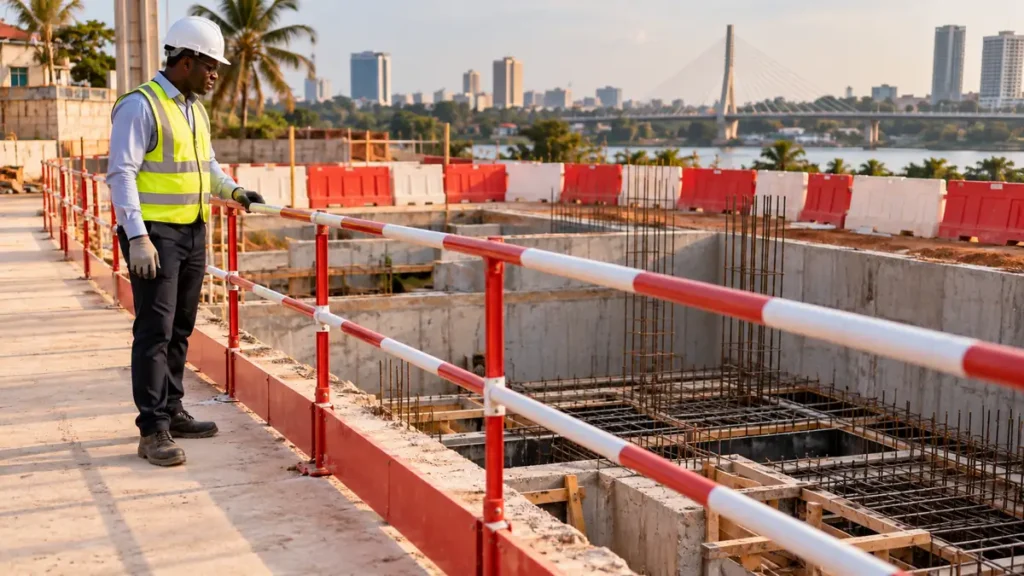 Responsable donnant des consignes à trois ouvriers équipés sur un chantier.