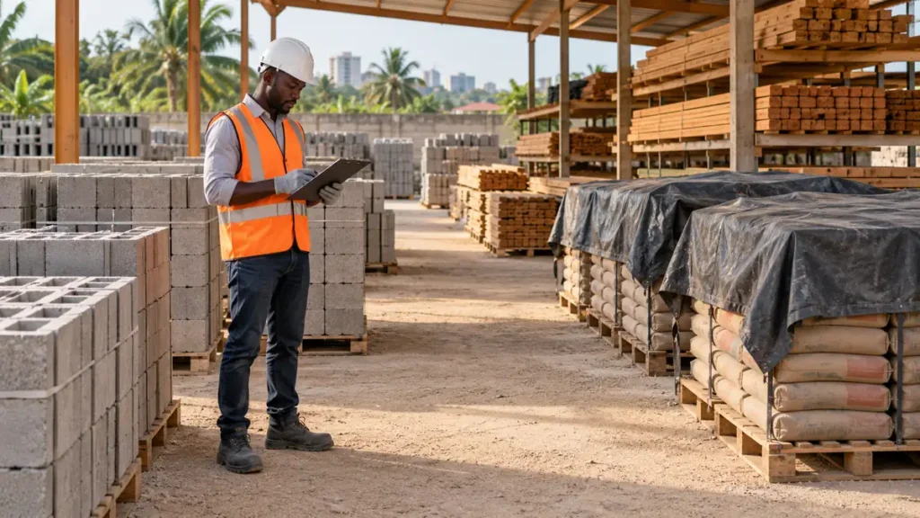 Responsable contrôlant un stockage organisé de parpaings, bois et sacs de ciment protégés.