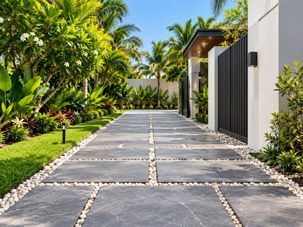 Allée extérieure en dalles dans un jardin tropical