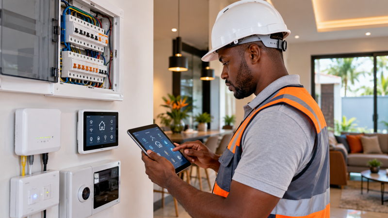 Technicien ivoirien vérifiant une installation domotique dans un logement