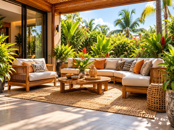 Terrasse aménagée avec mobilier et végétation tropicale en Côte d’Ivoire