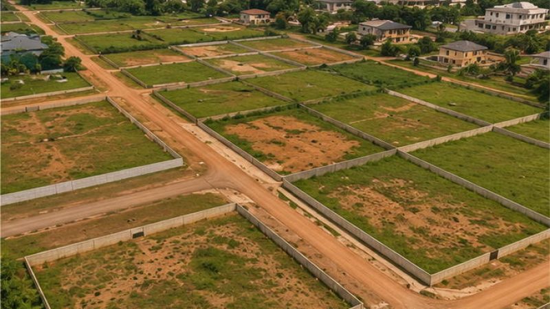 Vue aérienne de terrains découpés en parcelles avec voies de desserte