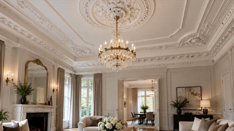 Plafond en staff avec moulures décoratives
