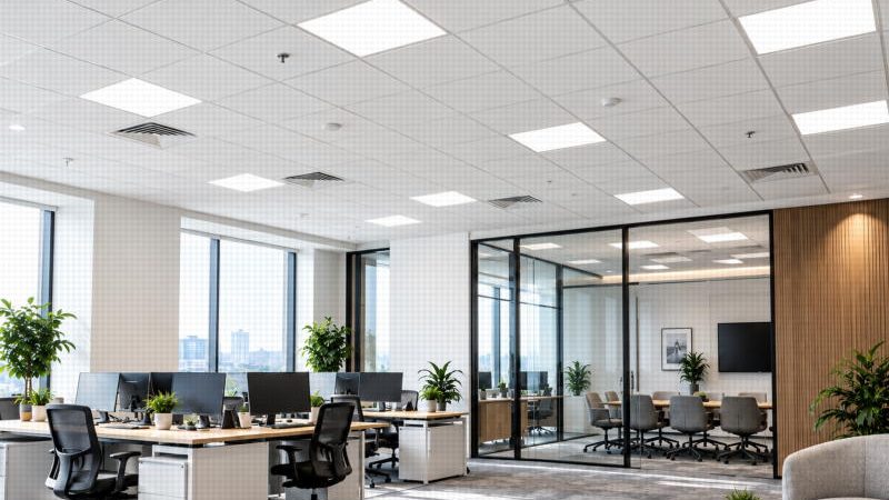 Faux plafond suspendu en dalles dans un espace professionnel